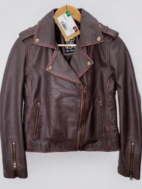 Decrum Women Leather Distressed Purple Brown Moto Biker Jacket Asymmetrical Sz S